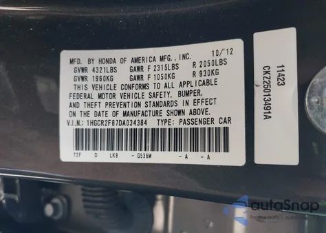 2013 Honda Accord Ex-L from USA, damaged, VIN 1HGCR2F87DA034384